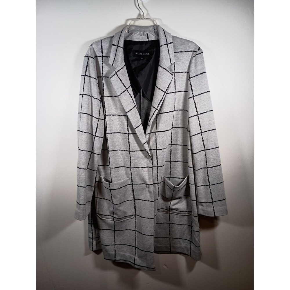 Black Rivet Plaid Womens Gray Black Button Oversized Coat Jacket Pockets Size XL